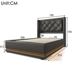 Lit coffre 90x200 cm - Lit simple rembourré avec USB Type-C et LED - PU - Sans Matelas - Noir><noscript><img width=