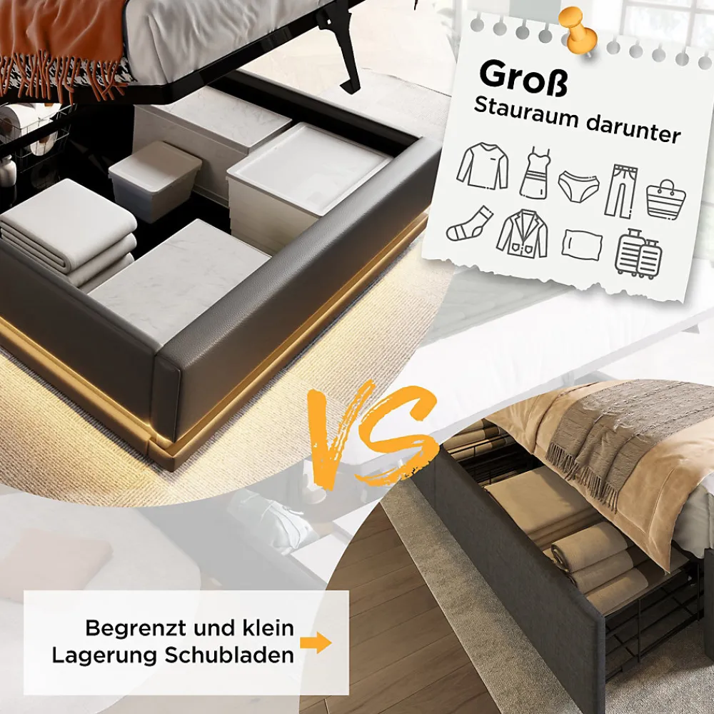 Lit coffre 90x200 cm - Lit simple rembourré avec USB Type-C et LED - PU - Sans Matelas - Noir>Generique Hot