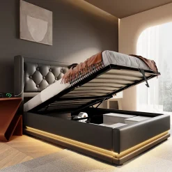 Lit coffre 90x200 cm - Lit simple rembourré avec USB Type-C et LED - PU - Sans Matelas - Noir><noscript><img width=