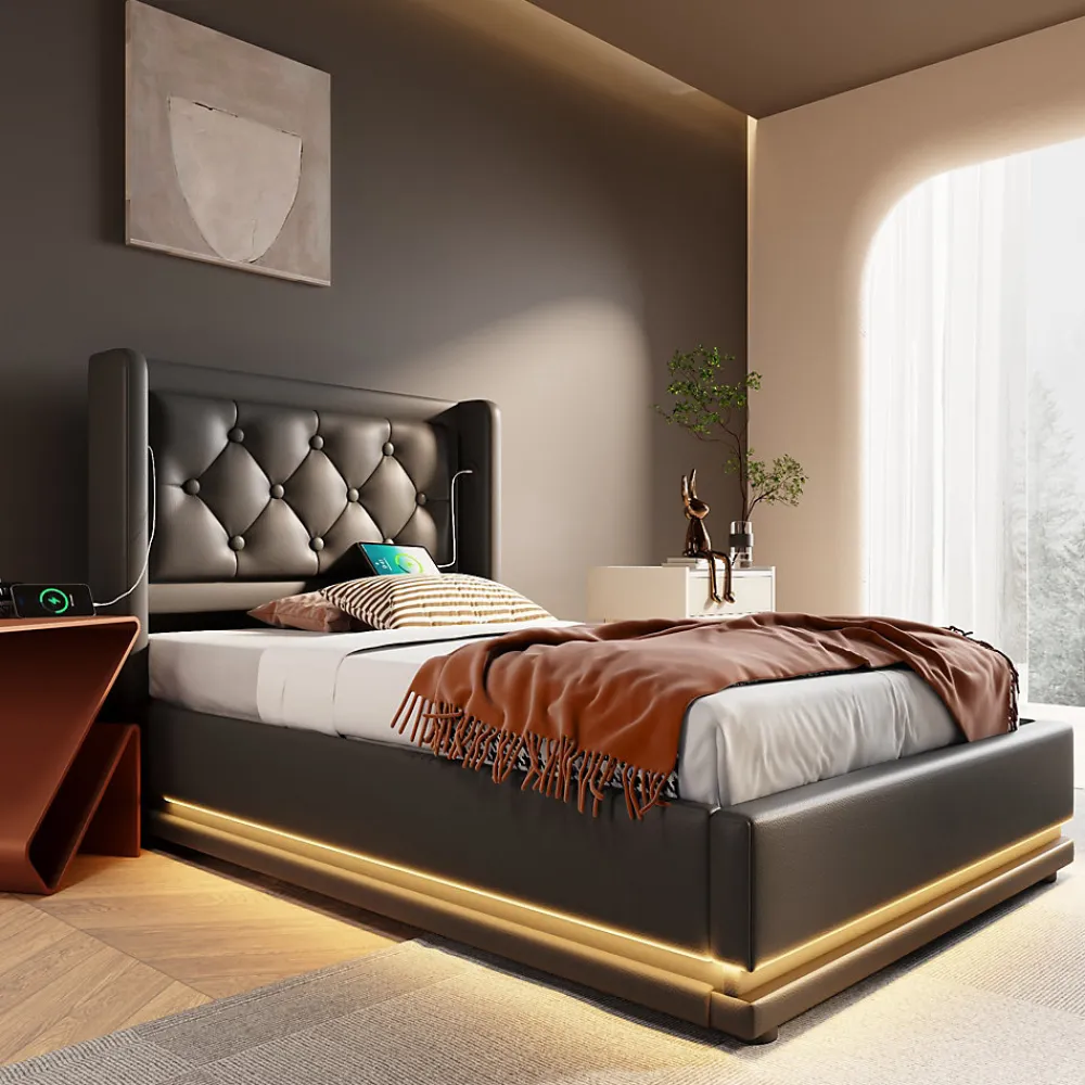 Lit coffre 90x200 cm - Lit simple rembourré avec USB Type-C et LED - PU - Sans Matelas - Noir>Generique Hot
