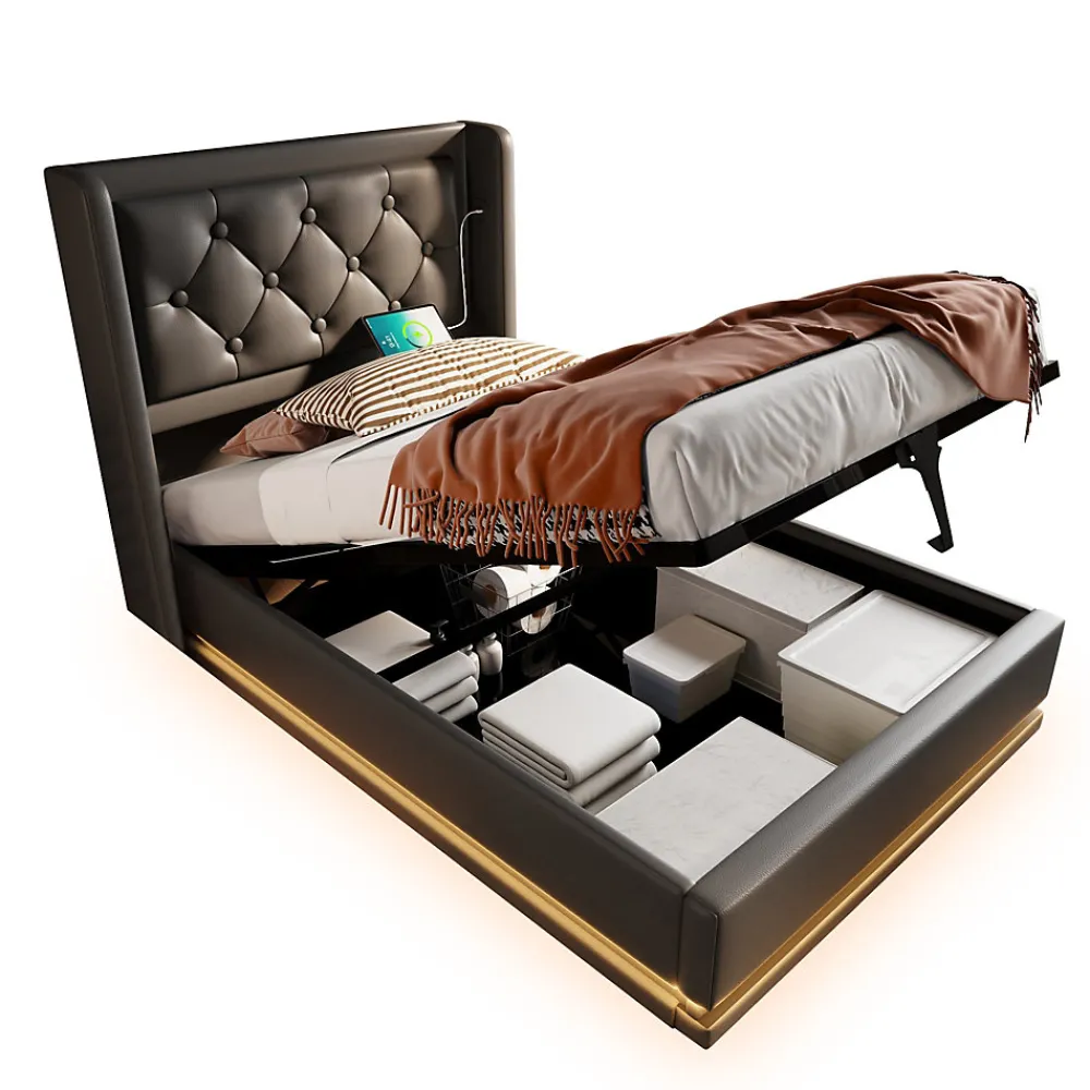 Lit coffre 90x200 cm - Lit simple rembourré avec USB Type-C et LED - PU - Sans Matelas - Noir>Generique Hot