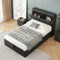 Lit Coffre 90x200 cm - Lit Simple Capitonné avec Tête de Lit et Rangement Caché - PU - Sans Matelas - Noir>Okwish Best