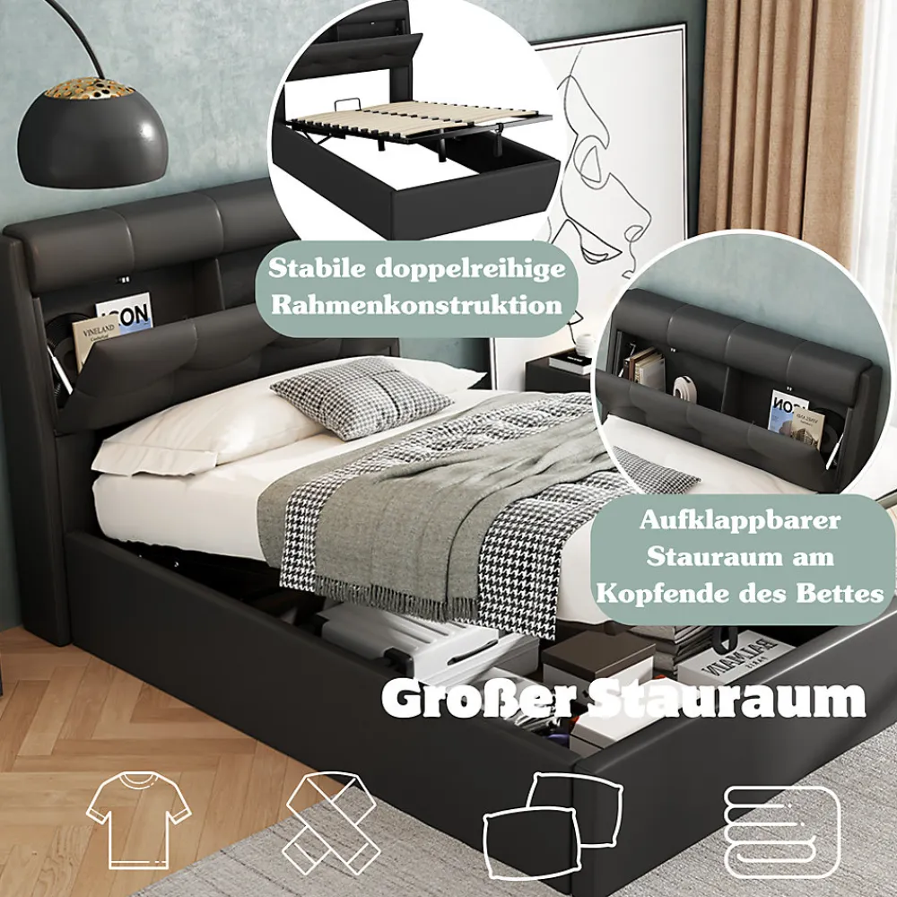 Lit Coffre 90x200 cm - Lit Simple Capitonné avec Tête de Lit et Rangement Caché - PU - Sans Matelas - Noir>Okwish Best