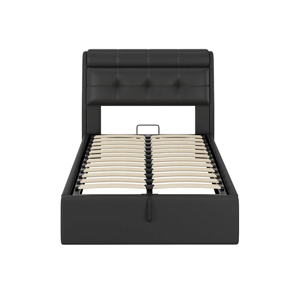 Lit Coffre 90x200 cm - Lit Simple Capitonné avec Tête de Lit et Rangement Caché - PU - Sans Matelas - Noir>Okwish Best