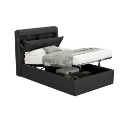 Lit Coffre 90x200 cm - Lit Simple Capitonné avec Tête de Lit et Rangement Caché - PU - Sans Matelas - Noir><noscript><img width=
