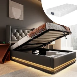 Lit coffre 90x200 cm - Lit simple rembourré avec USB Type-C et LED - PU - Matelas Inclus - Noir>Okwish Outlet