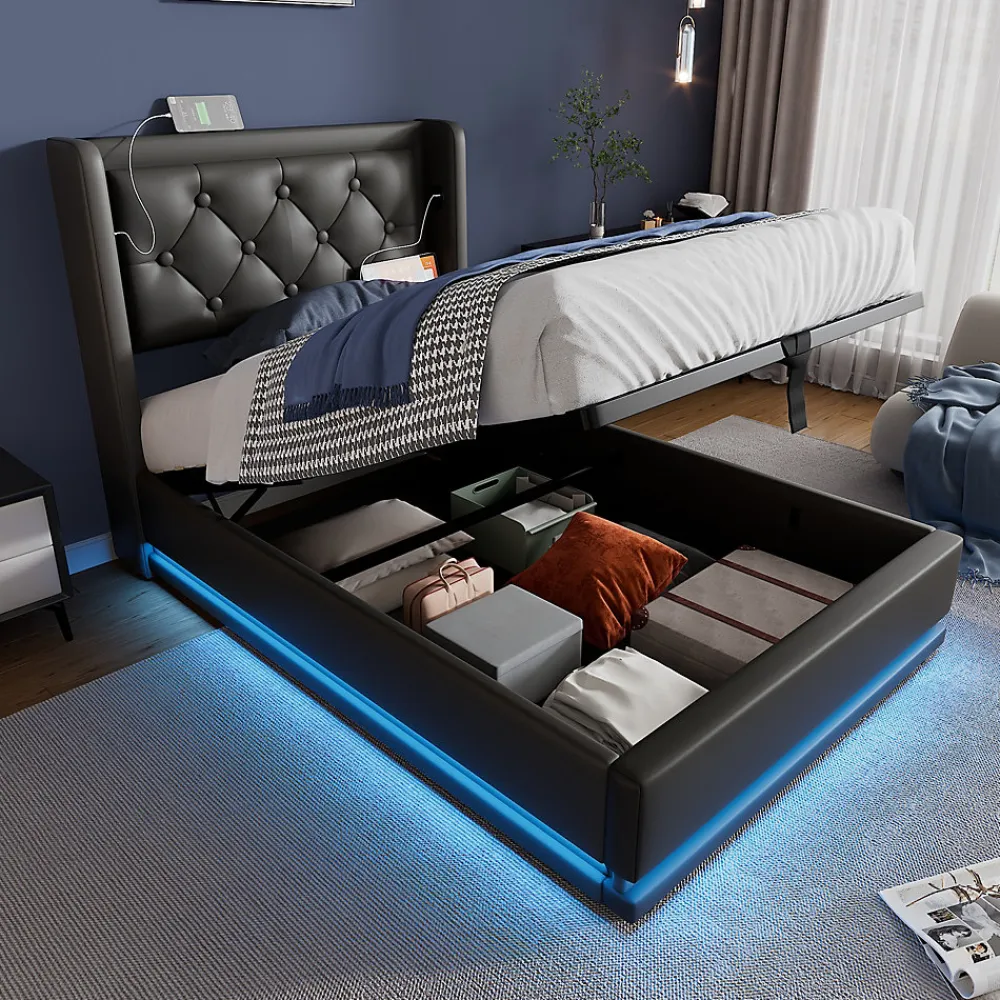 Lit coffre 90x200 cm - Lit simple rembourré avec USB Type-C et LED - PU - Matelas Inclus - Noir>Okwish Outlet