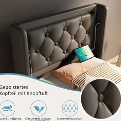 Lit coffre 90x200 cm - Lit simple rembourré avec USB Type-C et LED - PU - Matelas Inclus - Noir><noscript><img width=