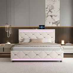 Simple Life Lit Coffre 140x190 cm, 4 tiroirs, LED, USB, Velours, Beige* Lit Coffre