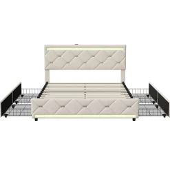Simple Life Lit Coffre 140x190 cm, 4 tiroirs, LED, USB, Velours, Beige* Lit Coffre