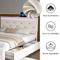Simple Life Lit Coffre 140x190 cm, 4 tiroirs, LED, USB, Velours, Beige* Lit Coffre