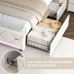 Simple Life Lit Coffre 140x190 cm, 4 tiroirs, LED, USB, Velours, Beige* Lit Coffre