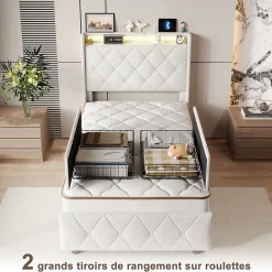 Simple Life Lit Coffre 90x200 cm avec éclairage LED et Charge USB, Lit simple Rembourré avec 2 tiroirs, Sommier à Lattes, Velours, Beige* Lit Coffre