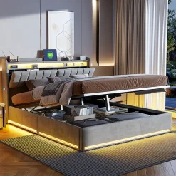 Lit Coffre 140x190 cm avec éclairage LED et Charge USB, Lit Double avec Rangement, Sommier à Lattes, Velours, Gris>Simple Life New