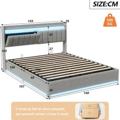 Lit Coffre 140x190 cm avec éclairage LED et Charge USB, Lit Double avec Rangement, Sommier à Lattes, Velours, Gris>Simple Life New