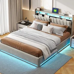 Lit Coffre 140x190 cm avec éclairage LED et Charge USB, Lit Double avec Rangement, Sommier à Lattes, Velours, Gris><noscript><img width=