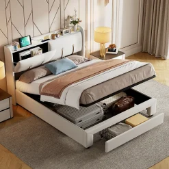 Lit coffre 140x200 cm avec LED, sommier à lattes, USB Type-C, capitonné velours blanc>Simple Life Sale