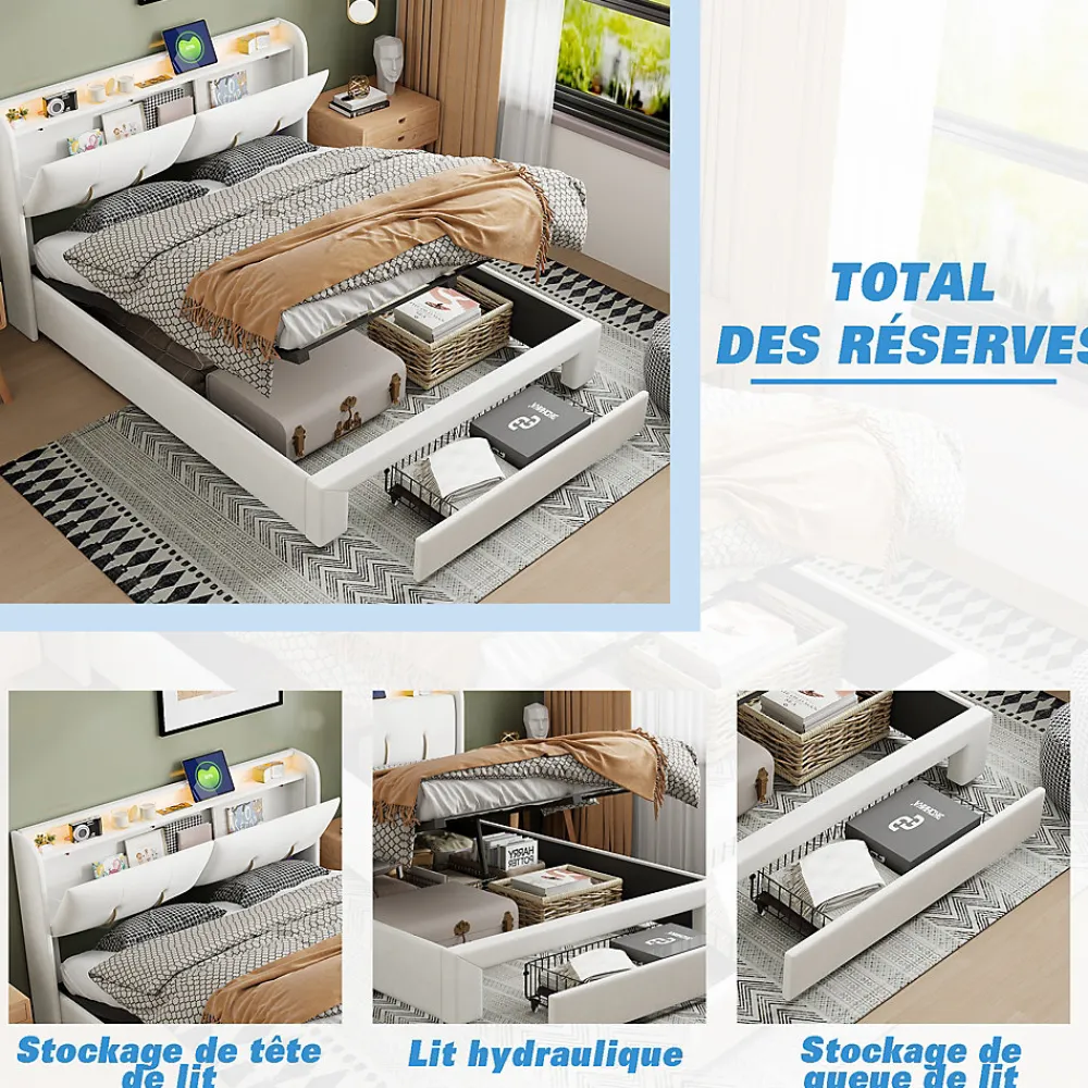 Lit coffre 140x200 cm avec LED, sommier à lattes, USB Type-C, capitonné velours blanc>Simple Life Sale