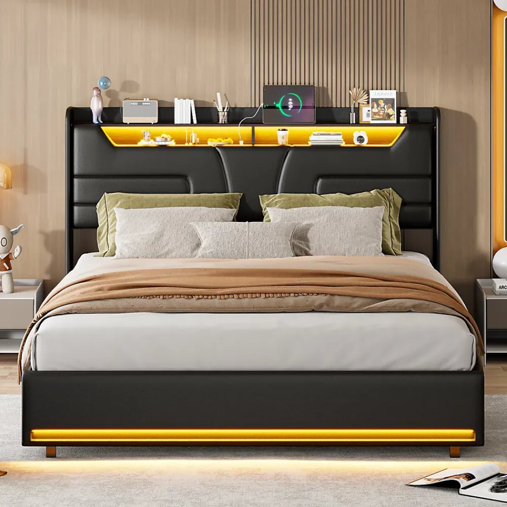 Simple Life Lit Coffre 140x200 cm, avec LED et USB, Lit Double Rembourre, avec Rangement, Tete de Lit, PU, Noir* Lit Coffre