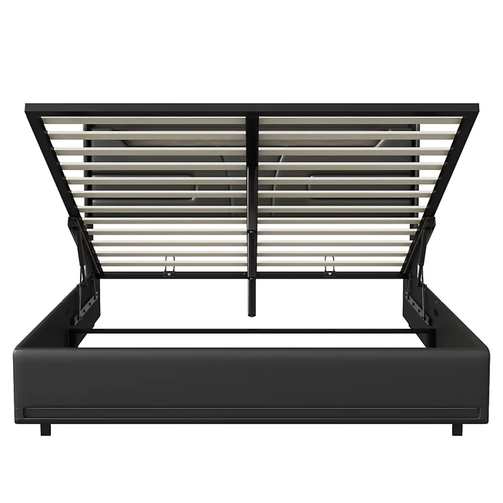Simple Life Lit Coffre 140x200 cm, avec LED et USB, Lit Double Rembourre, avec Rangement, Tete de Lit, PU, Noir* Lit Coffre