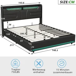 Simple Life Lit Coffre 140x200 cm, avec LED et USB, Lit Double Rembourre, avec Rangement, Tete de Lit, PU, Noir* Lit Coffre