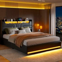 Simple Life Lit Coffre 140x200 cm, avec LED et USB, Lit Double Rembourre, avec Rangement, Tete de Lit, PU, Noir* Lit Coffre