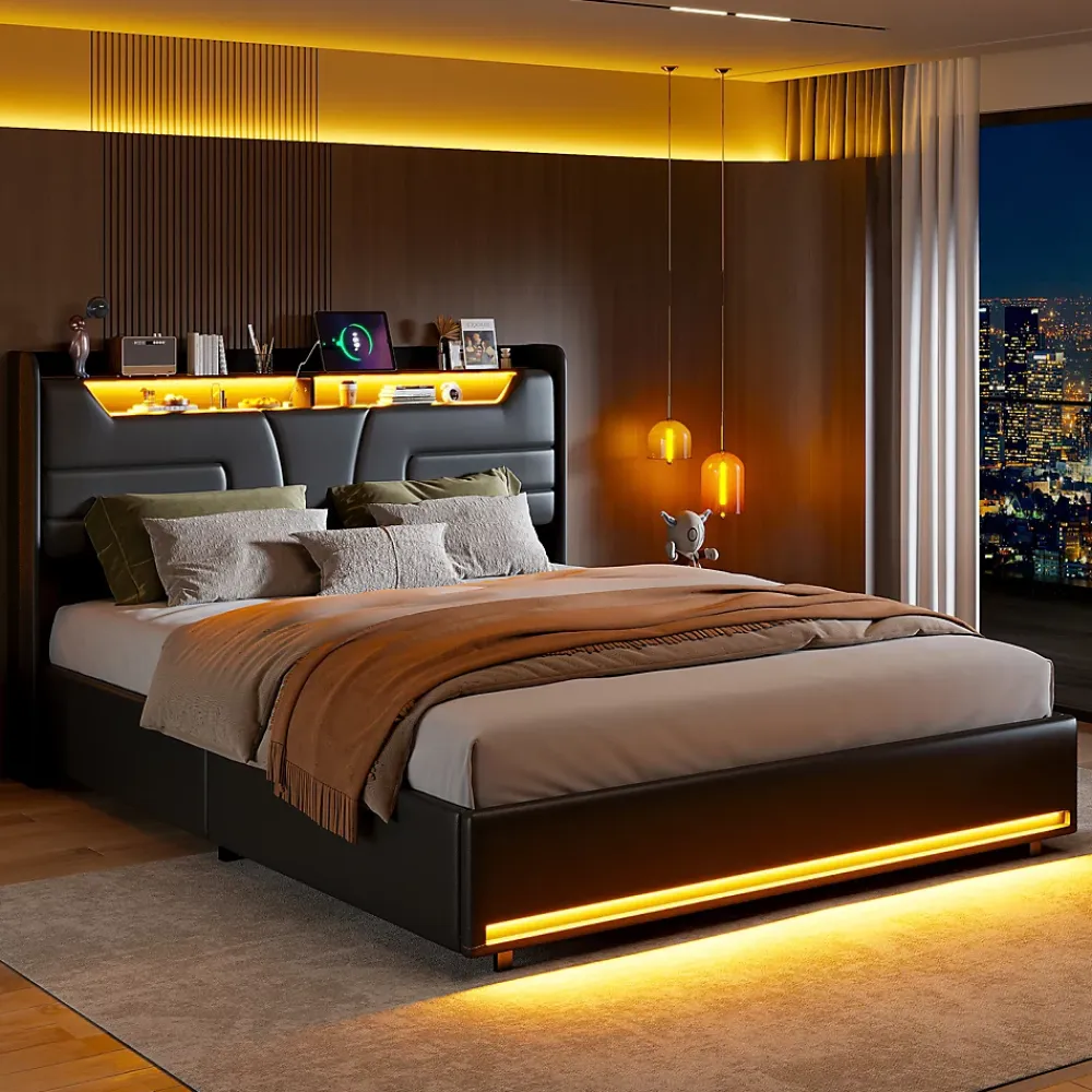 Simple Life Lit Coffre 140x200 cm, avec LED et USB, Lit Double Rembourre, avec Rangement, Tete de Lit, PU, Noir* Lit Coffre