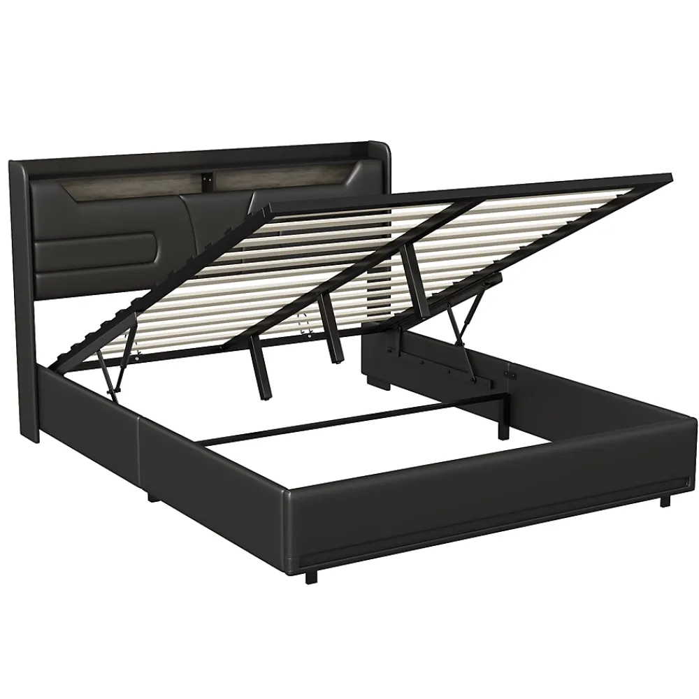 Simple Life Lit Coffre 140x200 cm, avec LED et USB, Lit Double Rembourre, avec Rangement, Tete de Lit, PU, Noir* Lit Coffre