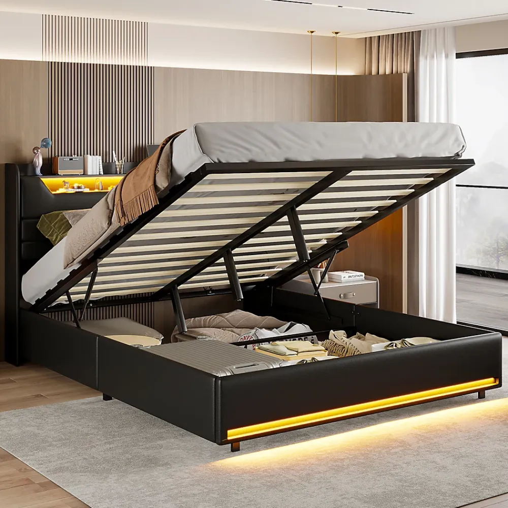 Simple Life Lit Coffre 140x200 cm, avec LED et USB, Lit Double Rembourre, avec Rangement, Tete de Lit, PU, Noir* Lit Coffre