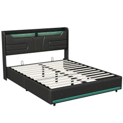 Simple Life Lit Coffre 140x200 cm, avec LED et USB, Lit Double Rembourre, avec Rangement, Tete de Lit, PU, Noir* Lit Coffre