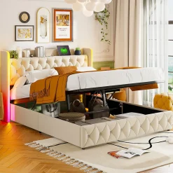 Lit Coffre 160x200 cm, avec LED et USB, Lit Double Rembourre, avec Rangement, Tete de Lit, Velours, Beige>Simple Life Online