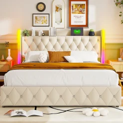 Lit Coffre 160x200 cm, avec LED et USB, Lit Double Rembourre, avec Rangement, Tete de Lit, Velours, Beige>Simple Life Online