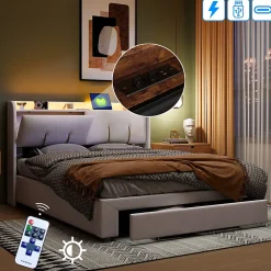 Simple Life Lit coffre 140x200 cm avec LED, sommier à lattes, USB Type-C, capitonné velours blanc* Lit Coffre