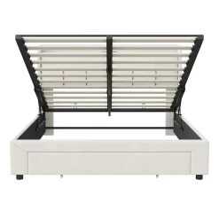 Simple Life Lit coffre 140x200 cm avec LED, sommier à lattes, USB Type-C, capitonné velours blanc* Lit Coffre