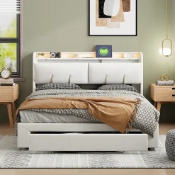 Simple Life Lit coffre 140x200 cm avec LED, sommier à lattes, USB Type-C, capitonné velours blanc* Lit Coffre