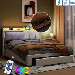 Simple Life Lit Coffre 140x200 Cm Avec LED, Sommier à Lattes, USB Type-c, Capitonné Velours Blanc* Lit Coffre