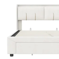 Simple Life Lit Coffre 140x200 Cm Avec LED, Sommier à Lattes, USB Type-c, Capitonné Velours Blanc* Lit Coffre