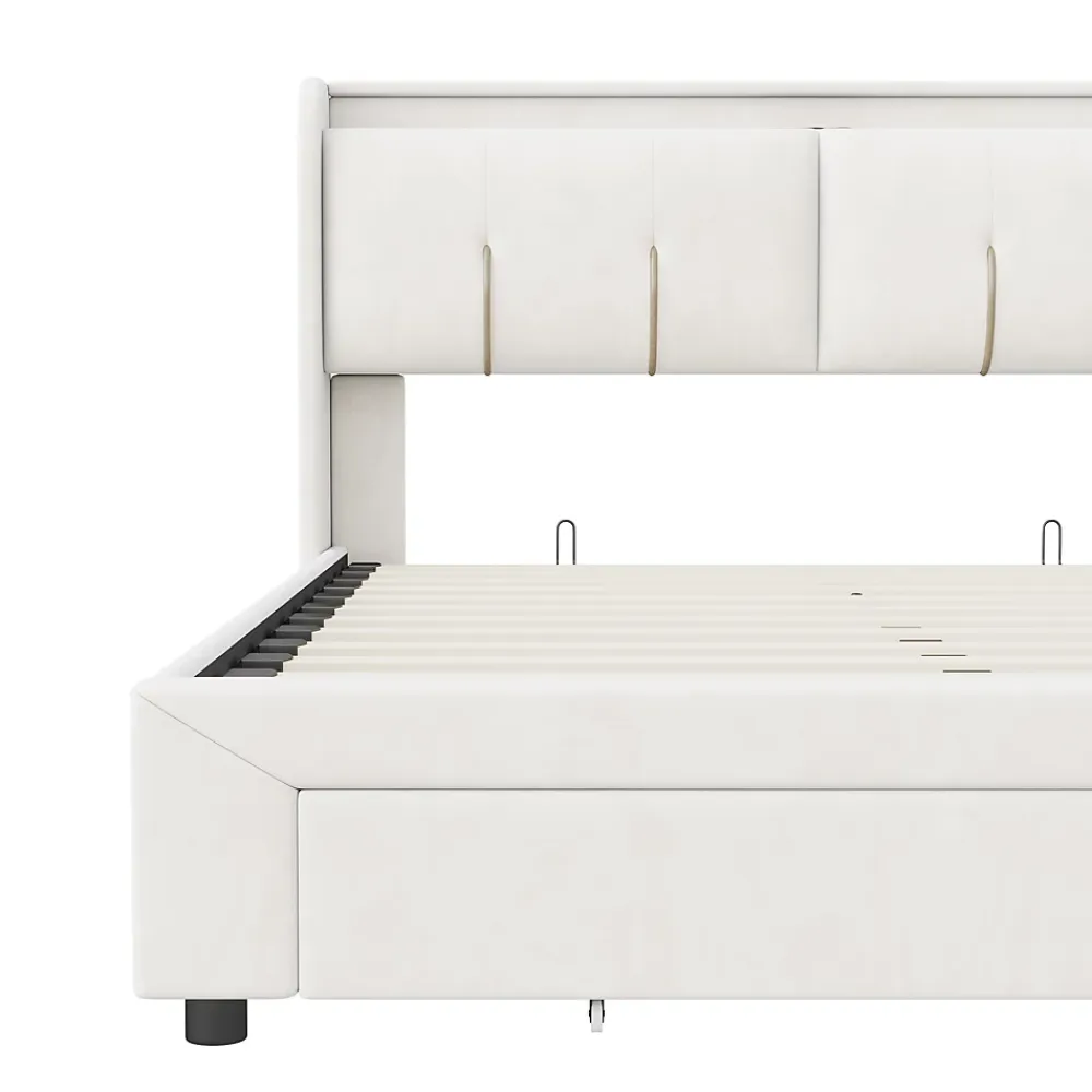 Simple Life Lit Coffre 140x200 Cm Avec LED, Sommier à Lattes, USB Type-c, Capitonné Velours Blanc* Lit Coffre