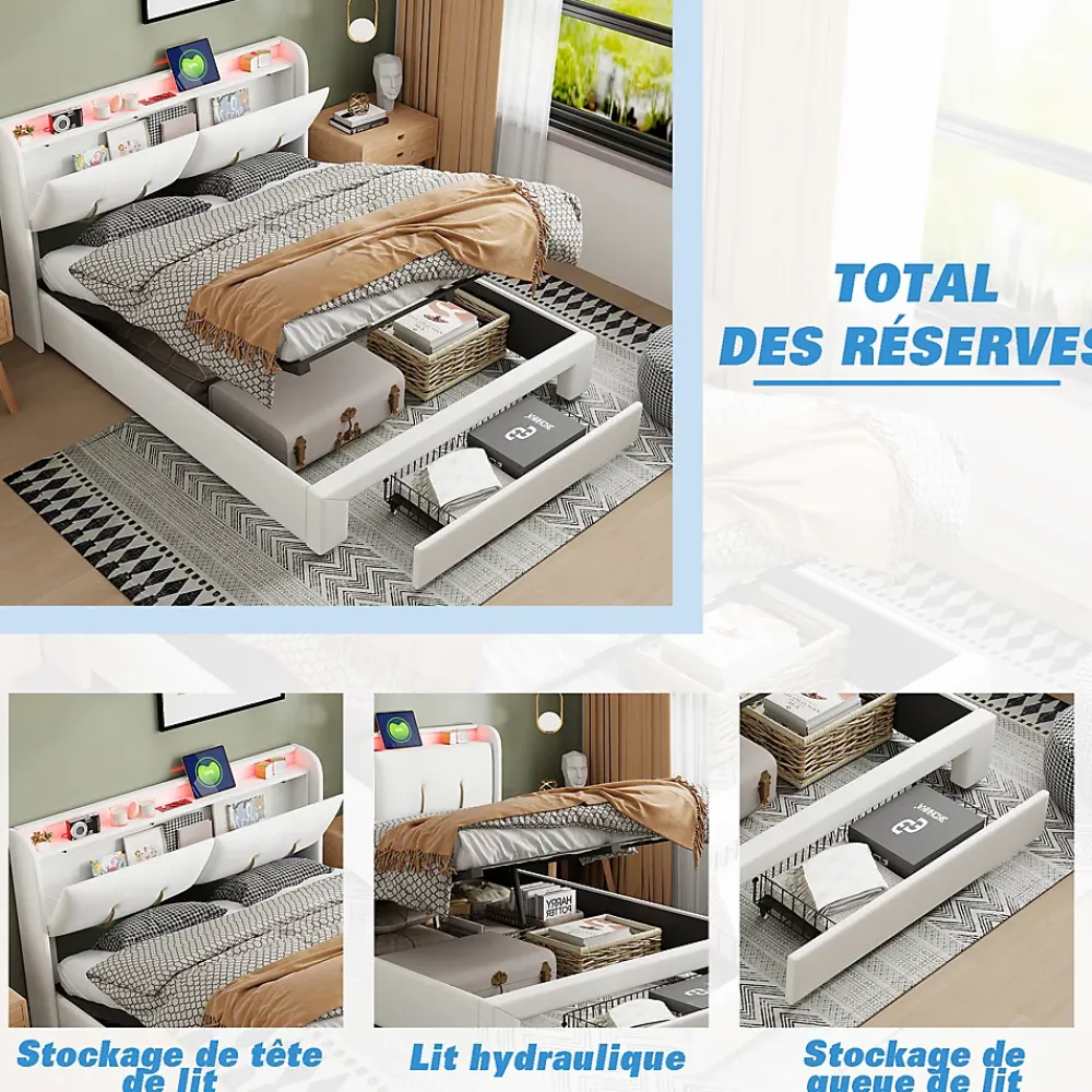 Simple Life Lit Coffre 140x200 Cm Avec LED, Sommier à Lattes, USB Type-c, Capitonné Velours Blanc* Lit Coffre
