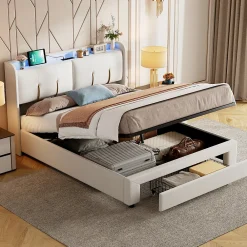 Simple Life Lit Coffre 140x200 Cm Avec LED, Sommier à Lattes, USB Type-c, Capitonné Velours Blanc* Lit Coffre