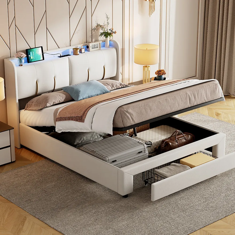 Simple Life Lit Coffre 140x200 Cm Avec LED, Sommier à Lattes, USB Type-c, Capitonné Velours Blanc* Lit Coffre