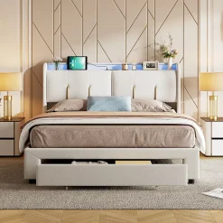 Simple Life Lit Coffre 140x200 Cm Avec LED, Sommier à Lattes, USB Type-c, Capitonné Velours Blanc* Lit Coffre