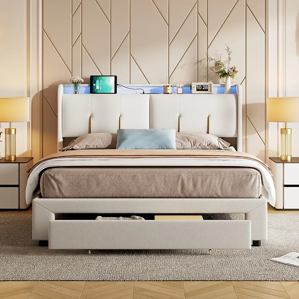 Simple Life Lit Coffre 140x200 Cm Avec LED, Sommier à Lattes, USB Type-c, Capitonné Velours Blanc* Lit Coffre