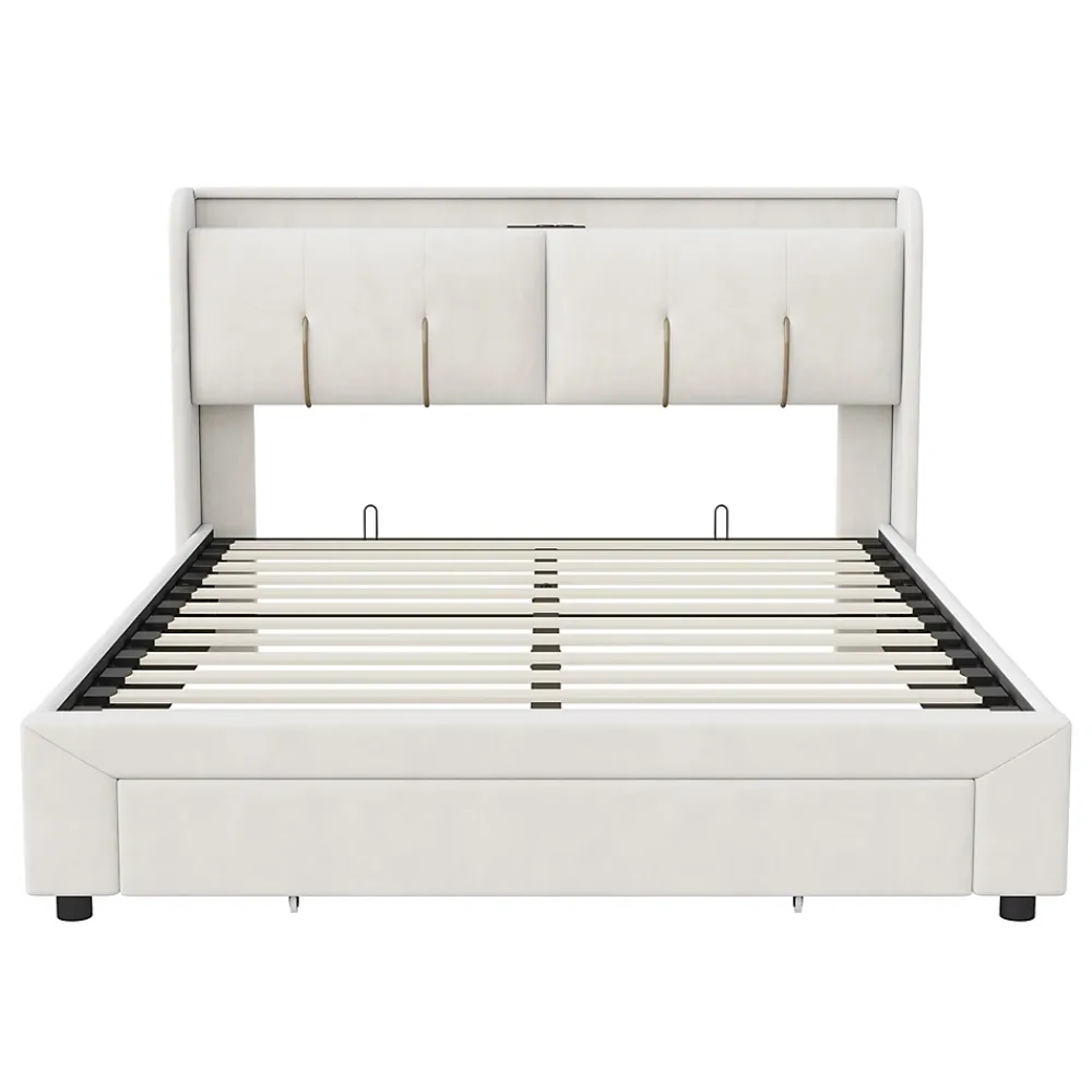 Simple Life Lit Coffre 140x200 Cm Avec LED, Sommier à Lattes, USB Type-c, Capitonné Velours Blanc* Lit Coffre
