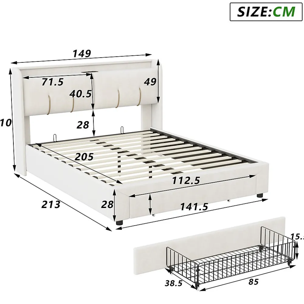 Simple Life Lit Coffre 140x200 Cm Avec LED, Sommier à Lattes, USB Type-c, Capitonné Velours Blanc* Lit Coffre