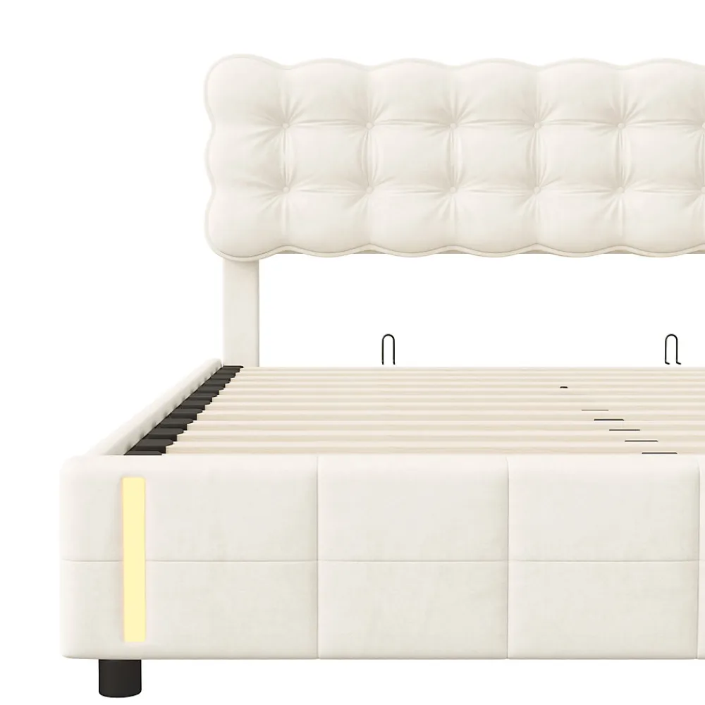Lit coffre 160x200 cm avec rangement, capitonné velours beige, sommier LED, lattes>Simple Life Best