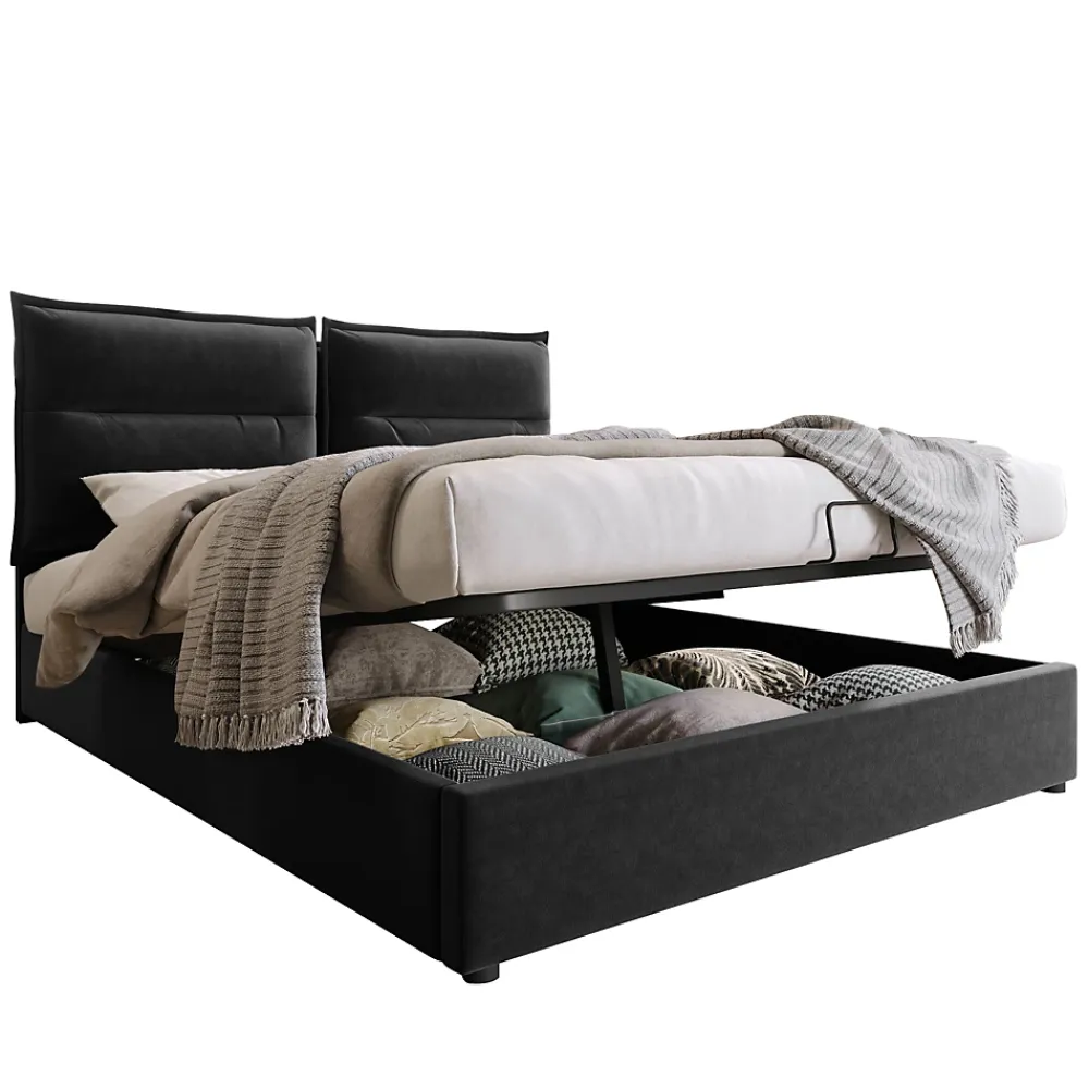 Okwish Lit Coffre 140x200 cm avec Rangement, Lit Double Adulte avec Tête Réglable et Sommier en Velours - Noir, Sans Matelas* Lit Coffre