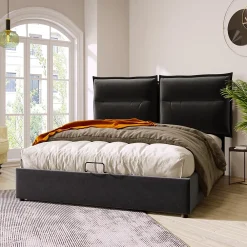 Okwish Lit Coffre 140x200 cm avec Rangement, Lit Double Adulte avec Tête Réglable et Sommier en Velours - Noir, Sans Matelas* Lit Coffre