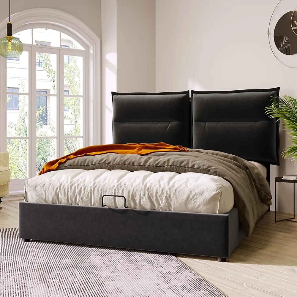 Okwish Lit Coffre 140x200 cm avec Rangement, Lit Double Adulte avec Tête Réglable et Sommier en Velours - Noir, Sans Matelas* Lit Coffre