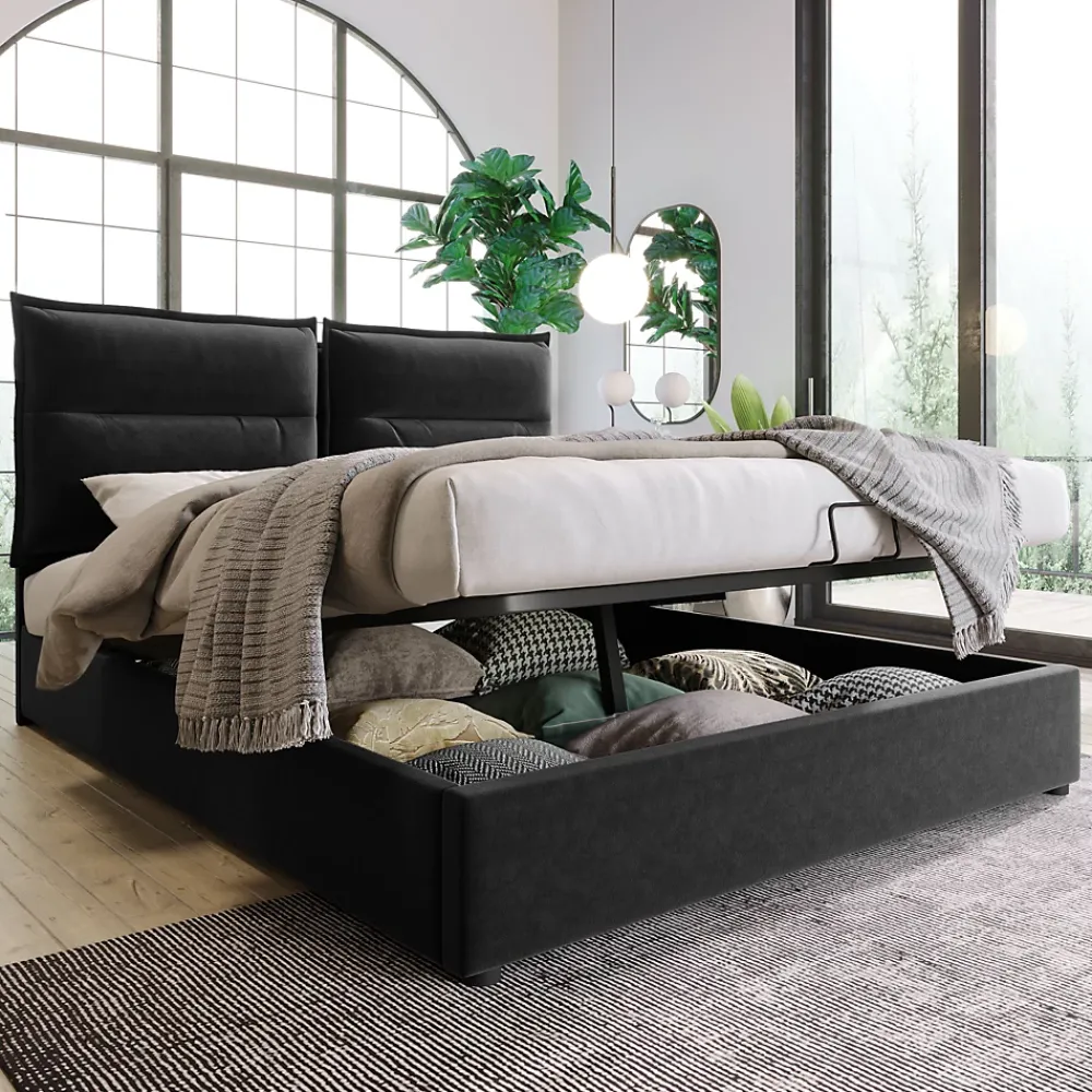 Okwish Lit Coffre 140x200 cm avec Rangement, Lit Double Adulte avec Tête Réglable et Sommier en Velours - Noir, Sans Matelas* Lit Coffre